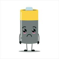 Cute sad battery character. Funny unhappy array cartoon emoticon in flat style. power unit emoji vector illustration