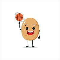 Cute and funny potato play basketball. Vegetable doing fitness or sports exercises. Happy character working out vector illustration.