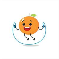 Cute and funny orange doing jumping rope. fruit doing fitness or sports exercises. Happy character working out vector illustration.