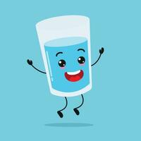 Cute happy water glass character. Funny jump glass cartoon emoticon in flat style. water emoji vector illustration