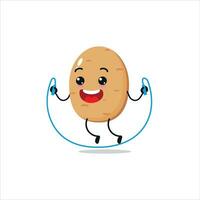 Cute and funny potato doing jumping rope. Vegetable doing fitness or sports exercises. Happy character working out vector illustration.