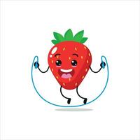 Cute and funny strawberry doing jumping rope. fruit doing fitness or sports exercises. Happy character working out vector illustration.