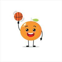 linda y gracioso naranja jugar baloncesto. Fruta haciendo aptitud o Deportes ejercicios. contento personaje trabajando fuera vector ilustración.