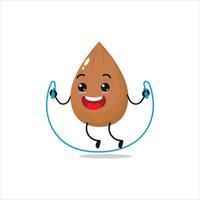 Cute and funny almond doing jumping rope. fruit doing fitness or sports exercises. Happy character working out vector illustration.