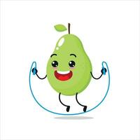 Cute and funny pear doing jumping rope. fruit doing fitness or sports exercises. Happy character working out vector illustration.