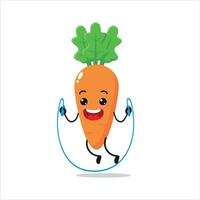 Cute and funny carrot doing jumping rope. Vegetable doing fitness or sports exercises. Happy character working out vector illustration.