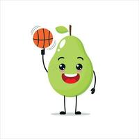 Cute and funny pear play basketball. fruit doing fitness or sports exercises. Happy character working out vector illustration.