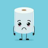 Cute sad toilet paper character. Funny unhappy tissue cartoon emoticon in flat style emoji vector illustration
