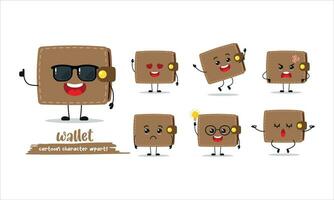 cute wallet cartoon with many expressions. different activity pose vector illustration flat design set with sunglasses.