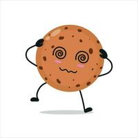 Cute dizzy cookie character. Funny drunk biscuit cartoon emoticon in flat style. bakery emoji vector illustration