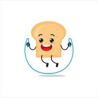 Cute and funny bread doing jumping rope. bakery doing fitness or sports exercises. Happy character working out vector illustration.