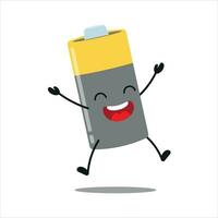 Cute happy battery character. Funny celebration jump array cartoon emoticon in flat style. power unit emoji vector illustration