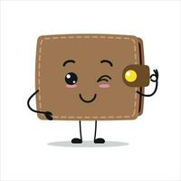 linda contento billetera personaje. gracioso sonriente y parpadeo bolso dibujos animados emoticon en plano estilo. financiero emoji vector ilustración