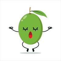 linda relajarse aceituna personaje. gracioso yoga aceituna dibujos animados emoticon en plano estilo. Fruta emoji meditación vector ilustración