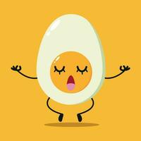 Cute relax half boiled egg character. Funny yoga egg cartoon emoticon in flat style. food emoji meditation vector illustration