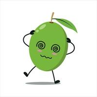 linda mareado aceituna personaje. gracioso borracho aceituna dibujos animados emoticon en plano estilo. Fruta emoji vector ilustración