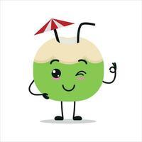 Cute happy slice coconut character. Funny smiling and blink coconut cartoon emoticon in flat style. fruit emoji vector illustration