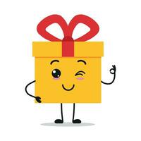 Cute happy gift box character. Funny smiling and blink gift box cartoon emoticon in flat style. bakery emoji vector illustration