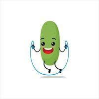 Cute and funny cucumber doing jumping rope. Vegetable doing fitness or sports exercises. Happy character working out vector illustration.