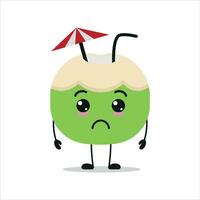 Cute sad slice coconut character. Funny unhappy coconut cartoon emoticon in flat style. fruit emoji vector illustration