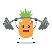 Cute and funny pineapple doing weightlifting. fruit doing fitness or sports exercises. Happy character working out vector illustration.