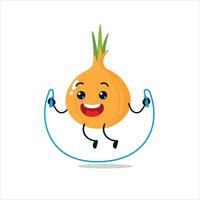 Cute and funny onion doing jumping rope. Vegetable doing fitness or sports exercises. Happy character working out vector illustration.