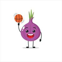 Cute and funny red onion play basketball. Vegetable doing fitness or sports exercises. Happy character working out vector illustration.