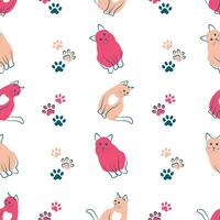 Seamless pattern with stylized cats with cat tracks on a white background. Cute color. Vector