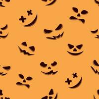 Seamless pattern with Halloween pumpkin emotions on an orange background. Print for notes, textile printing, page filling. Vector illustration