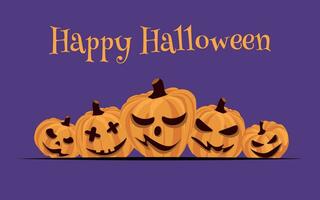 Halloween horizontal banner with pumpkins on purple background. Happy Halloween banner. Vector illustration