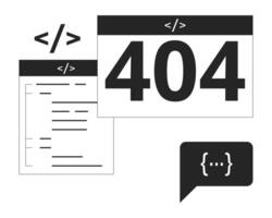 Web pages, code and black white error 404 flash message. Monochrome empty state ui design. Page not found popup cartoon image. Vector flat outline illustration concept