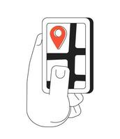 Hand holding gps smartphone monochrome flat vector object. Online navigation app. Editable black and white thin line icon. Simple cartoon clip art spot illustration for web graphic design