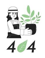 Gardener with houseplant black white error 404 flash message. Taking care of flower. Monochrome empty state ui design. Page not found popup cartoon image. Vector flat outline illustration concept