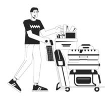 College freshman with belongings bw vector spot illustration. College kid with bags 2D cartoon flat line monochromatic character for web UI design. Moving to dorm editable isolated outline hero image