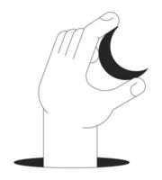 Hand holding crescent moon flat monochrome isolated conceptual clipart. Esoteric magic astrology. Editable black and white line vector object. Simple outline spot illustration for web graphic design