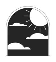 Esoteric window frame with clouds sun flat monochrome isolated conceptual clipart. Nighttime sun. Editable black and white line vector object. Simple outline spot illustration for web graphic design