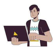 Indian man programming flat line color vector character. Editable outline half body guy holding laptop and performing tasks on white. Simple cartoon spot illustration for web graphic design