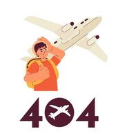 Asian man looking on plane error 404 flash message. Empty state ui design. Page not found popup cartoon image. Vector flat illustration concept on white background