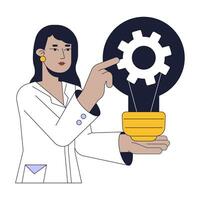 Female scientist mechanics flat line concept vector spot illustration. Woman turning gear inside light bulb 2D cartoon outline character on white for web UI design. Editable isolated color hero image