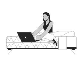 árabe hembra estudiante estudiando en cama plano línea negro blanco vector personaje. editable contorno lleno cuerpo persona. estudiante estudiando a hogar sencillo dibujos animados aislado Mancha ilustración para web diseño