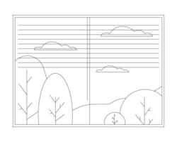 Autumn window flat monochrome isolated vector object. September trees. October scenery view. Editable black and white line art drawing. Simple outline spot illustration for web graphic design