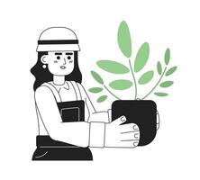 Cute blonde woman holding houseplant monochromatic flat vector character. Editable thin line half body girl taking care of plant on white. Simple bw cartoon spot image for web graphic design