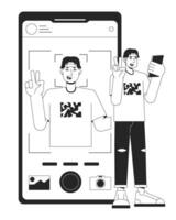 Man taking picture bw concept vector spot illustration. Selfie on front camera. Man doing v sign 2D cartoon flat line monochromatic character for web UI design.editable isolated outline hero image