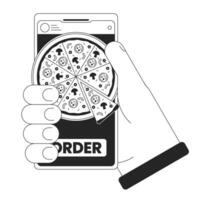 Ordering pizza by smartphone bw concept vector spot illustration. Hand holding phone. Food ordering app 2D cartoon flat line monochromatic hand for web UI design.editable isolated outline hero image