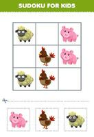 Education game for children easy sudoku for kids with cute cartoon pig chicken sheep printable animal worksheet vector