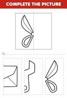 Education game for children cut and complete the picture of cute cartoon scissor half outline for coloring printable tool worksheet vector