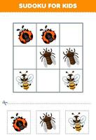 Education game for children easy sudoku for kids with cute cartoon ladybug cicada bee printable animal worksheet vector