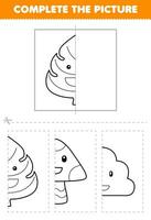 Education game for children cut and complete the picture of cute cartoon leaf half outline for coloring printable nature worksheet vector