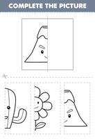 Education game for children cut and complete the picture of cute cartoon mountain half outline for coloring printable nature worksheet vector