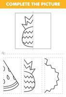 Education game for children cut and complete the picture of cute cartoon pineapple half outline for coloring printable fruit worksheet vector